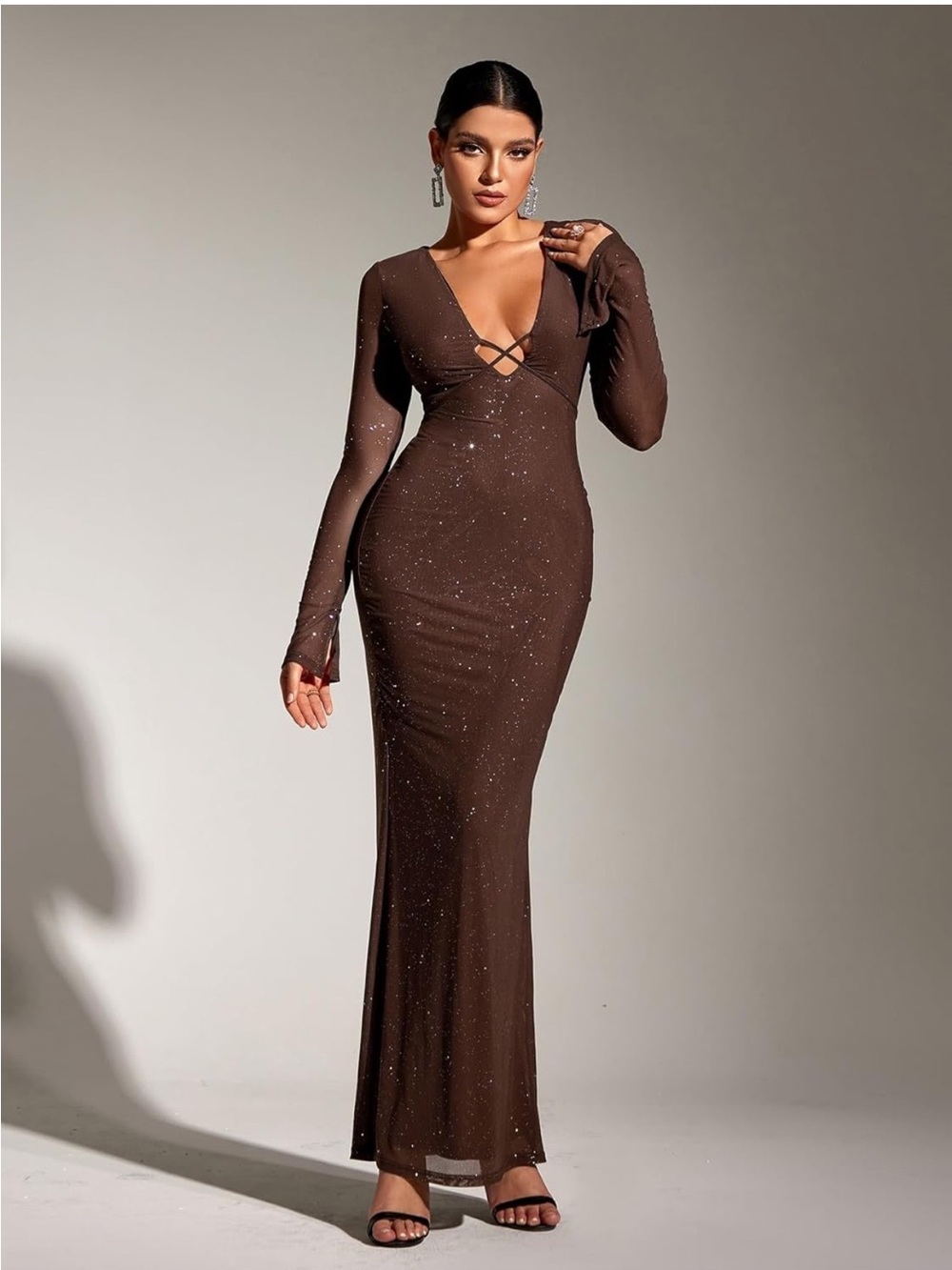 Elegant Brown Long Sleeve V-Neck Sparkle Maxi Dress